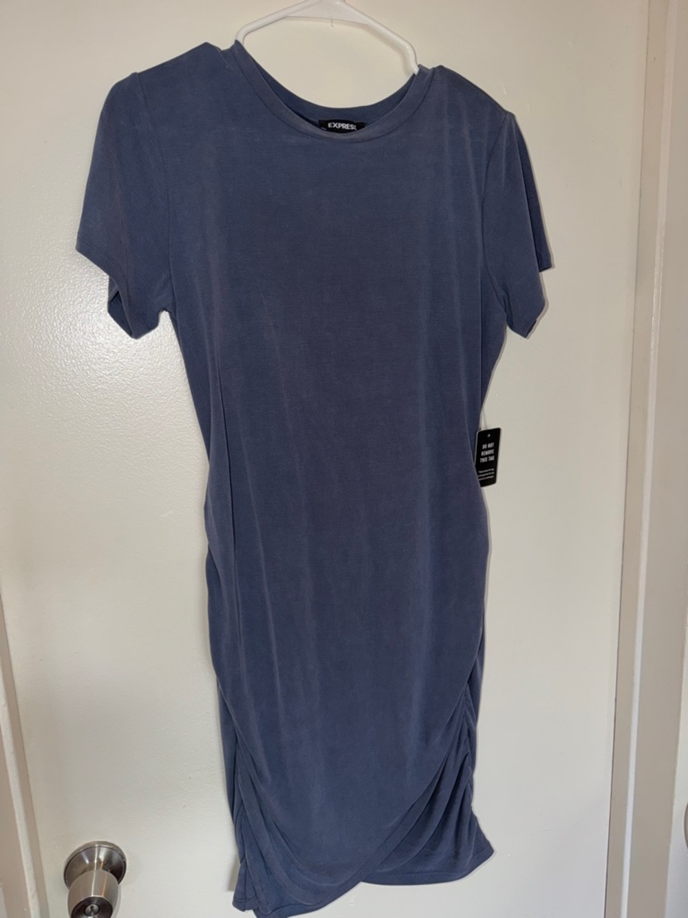 Express Slate Blue Short Sleeve Ruched Hem Dress